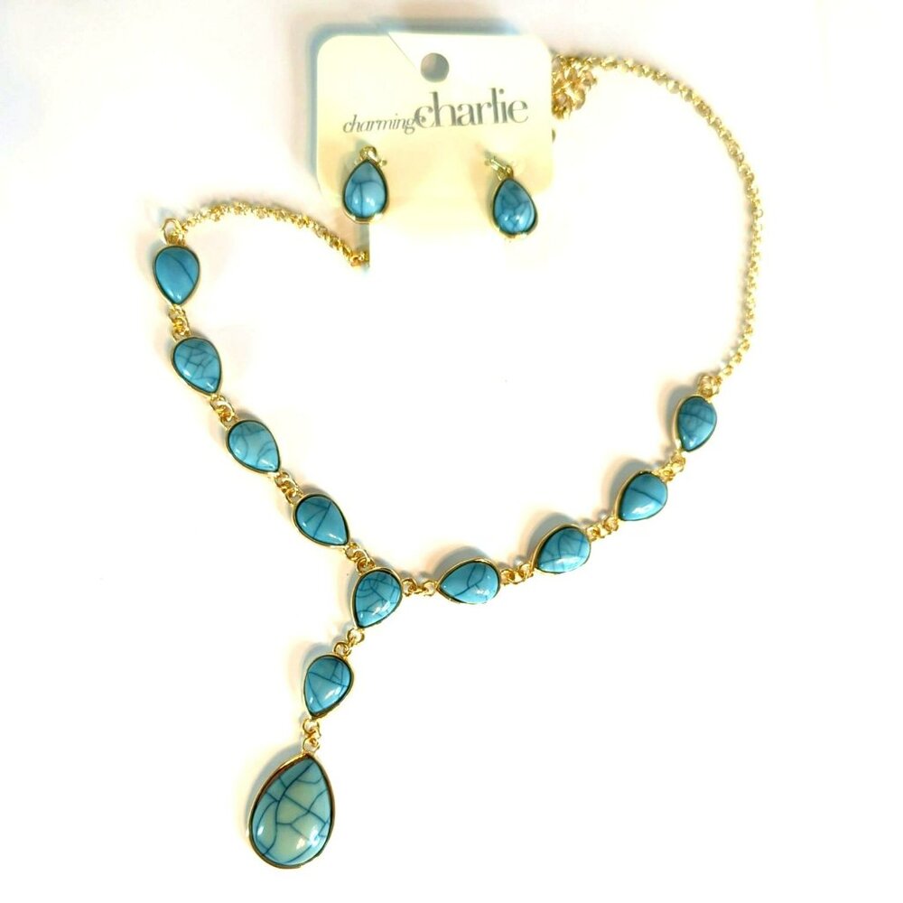 Charming Charlie Blue And Gold Teardrop Necklace With Earrings Set